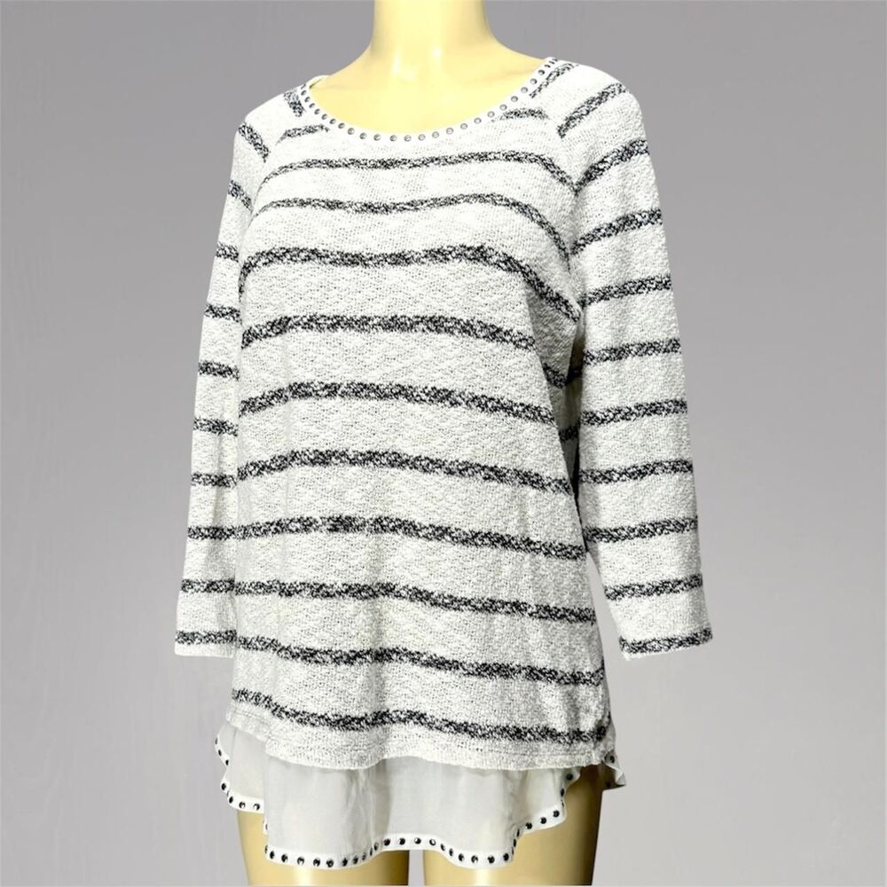 Striped Boucle Sweater | Chiffon Shirt Tail | Gunmetal Studs L Top